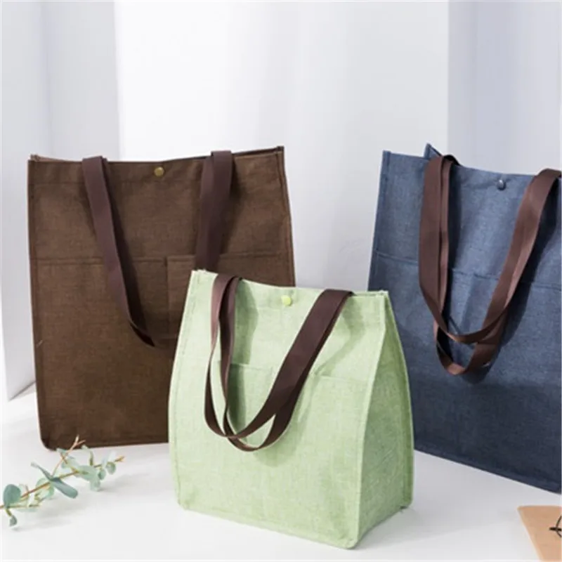 Shopping Tote Check Plaid Female Flax Canvas Shopping Bags Shoulder Bags Durable Women Student Cotton Linen Single Shoulder Bag