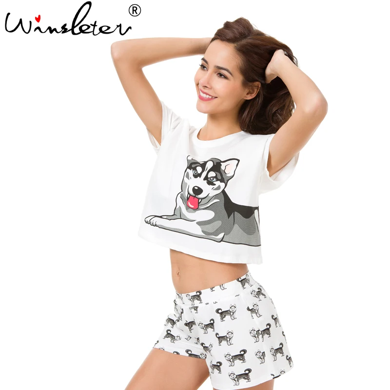 Husky Print Women Pajama Sets 2 Pieces Set Crop Top + Shorts Loose Elastic Waist Shorts Dog Print Lounge pijama S73104