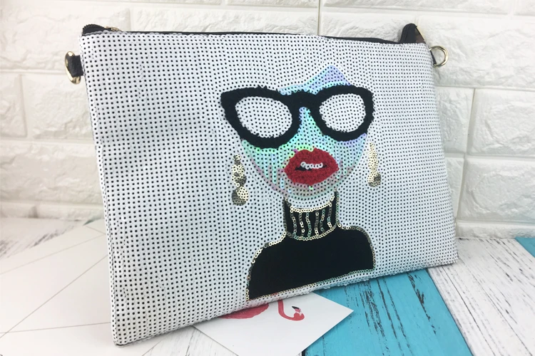 New style cartoon woman pattern sequins ladies envelope bag daily clutch shoulder bag handbag female crossbody messenger bag