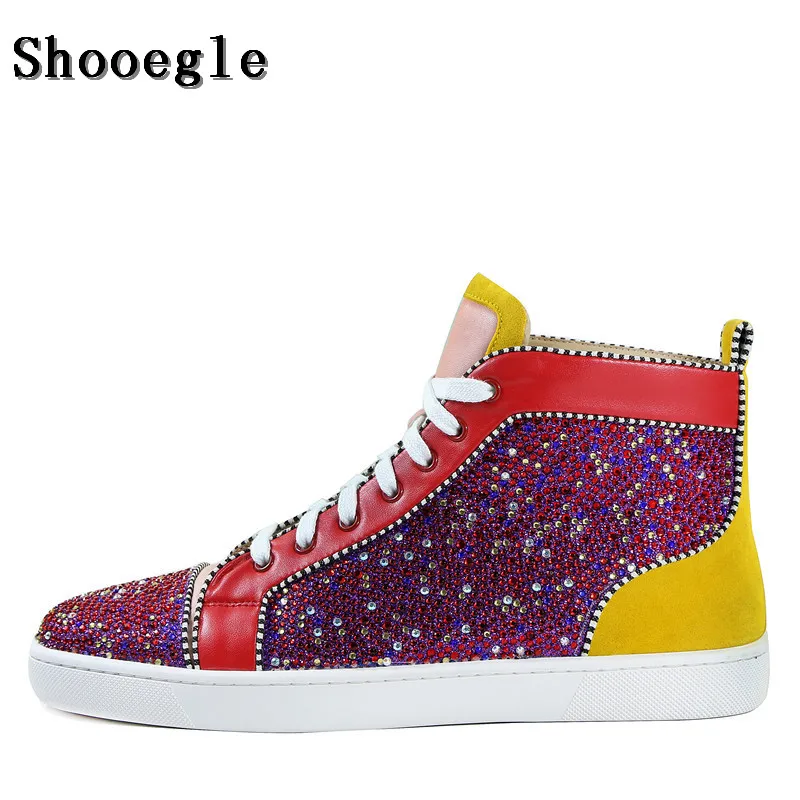 

SHOOEGLE Men Colorful Rhinestone Sneakers High-top Diamond Lace-up Ankle Boots Zapatillas Hombre Casual Shoes Man EU39-EU47