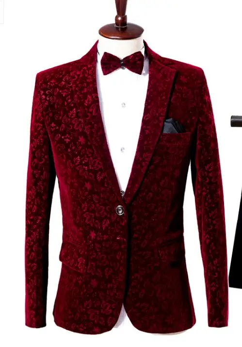 

Free ship mens wine red european flower pattern suit tuxedo jacket/stage performance/stuido jacket with bowtie