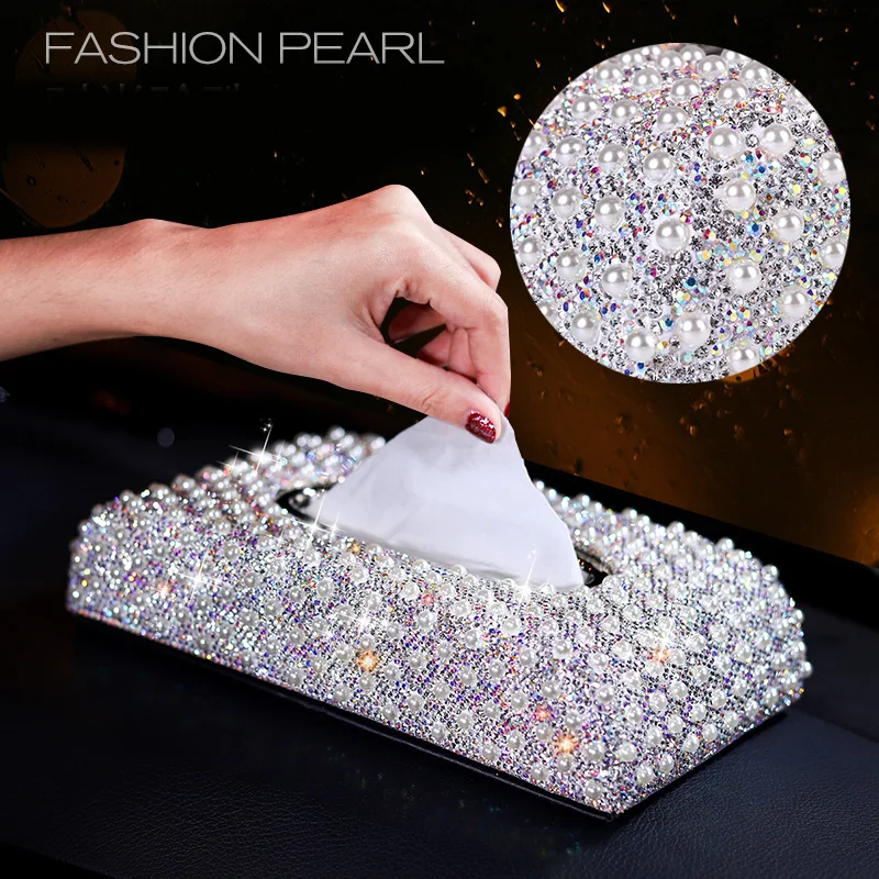 Luxury Pearls Car Tissue Box Crystal Diamond Block type Tissue Boxes Holder for Women Paper Towel Cover Case Car Styling