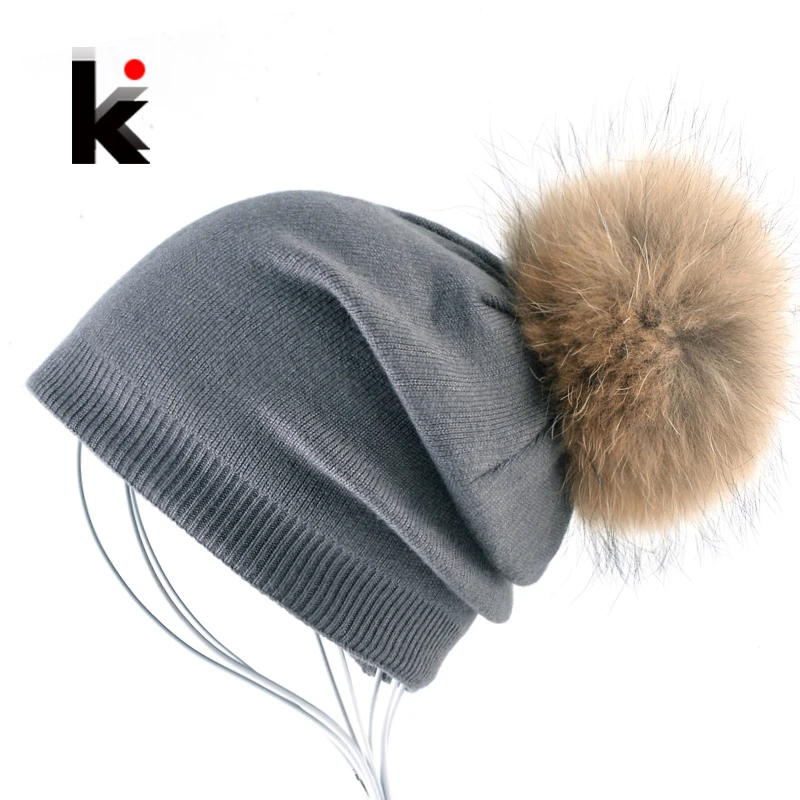 Autumn And Winter Ladies Knitted Wool Bonnet Beanie Hat Women Real Fur Big Ball PomPom Solid Skullies Caps Girls Touca Feminina