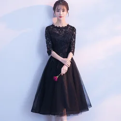 Banquet Bridesmaid Dresses 2019 New Fashion Elegant Wedding Party Dresses Black Half Sleeve Illusion O-neck Knee Length