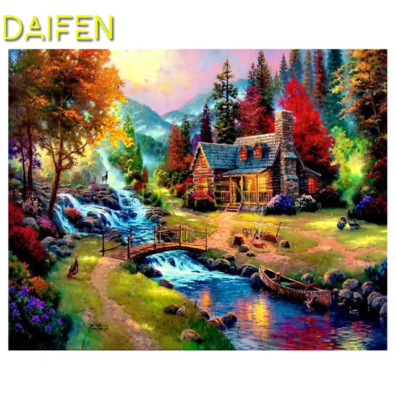 Full Round Diamond mosaic Full Square Diamond painting valley house river bridge  tree 5D DIY Diamond embroidery Cross stitch