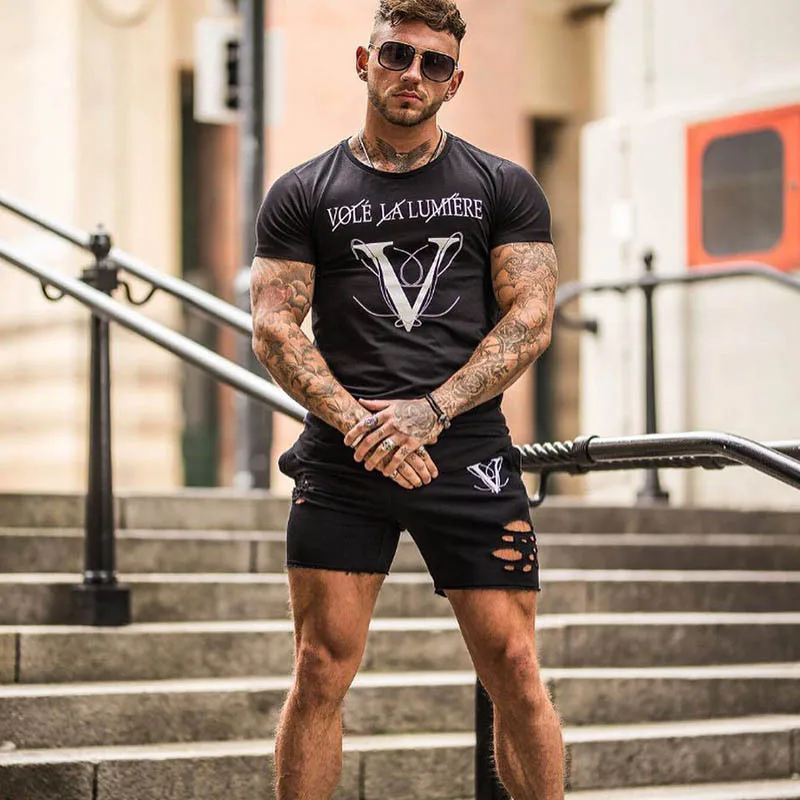 New Men Casual Fashion Printed Gyms T-shirt Fitness Bodybuilding Short sleeve Cotton T shirts Slim Tee Top Male Workout Clothing