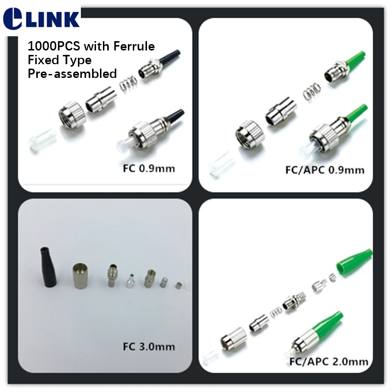 

1000pcs FC fiber connector with ferrule Fixed type APC SM MM black green 3.0 2.0 0.9mm Preassembled optical ftth accessory ELINK