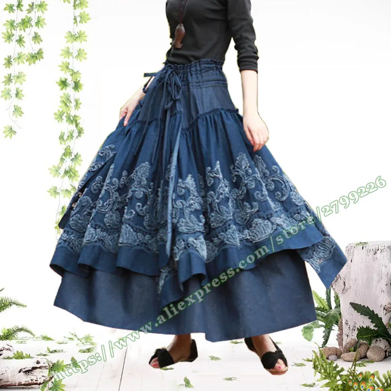 Women's Long Denim Skirt Vintage Skirts Retro Style Casual Flowers Tutu Big Plus Size 6XL 7XL Female Winter Maxi  Skirt