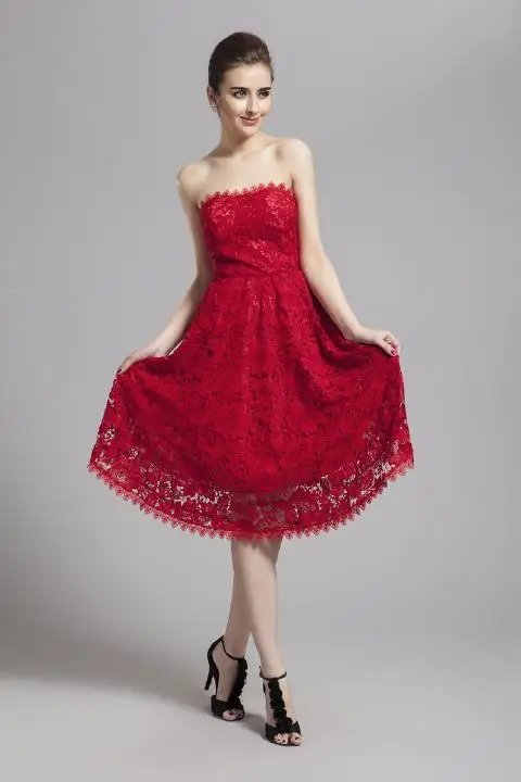 Free Shipping 2021 Summer New Stunning Princess Red Lace Knee Length Prom Party Ball Gown Bridesmaid Fashion  Dress