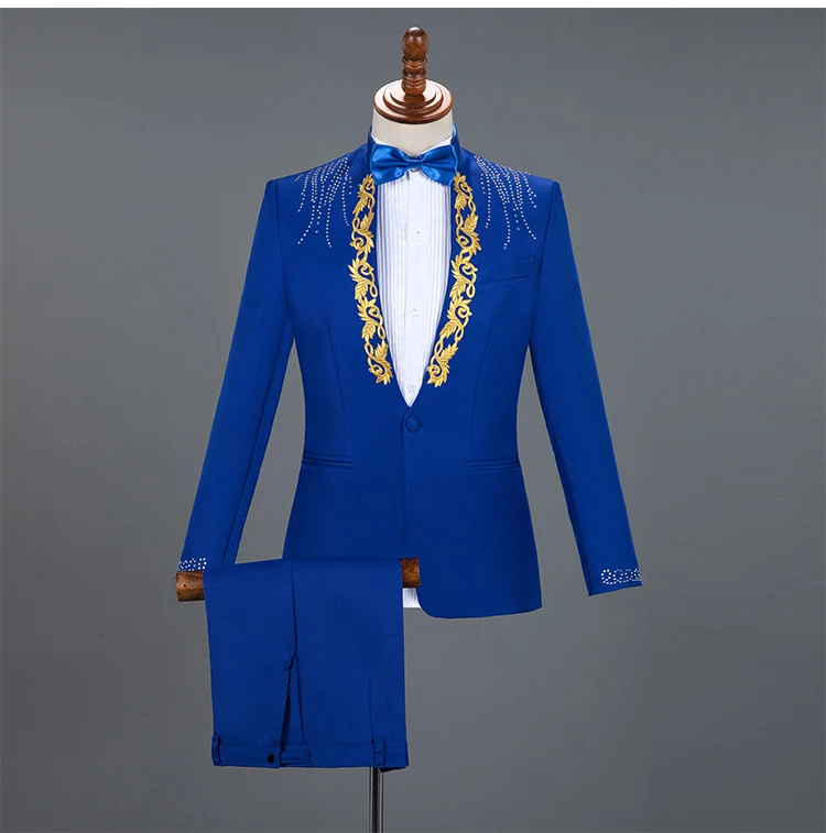 2 Piece Set Men Wedding Groom Suits Rhinestones Blazer Pants Suit Singer Host Concert Stage Outfits Wedding Party Banquet Tuxedo