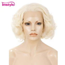 Imstyle-peruca frontal de renda sintética para mulheres, perucas louras curtas, fibra resistente ao calor, ondulada natural, vermelha, rosa, cosplay