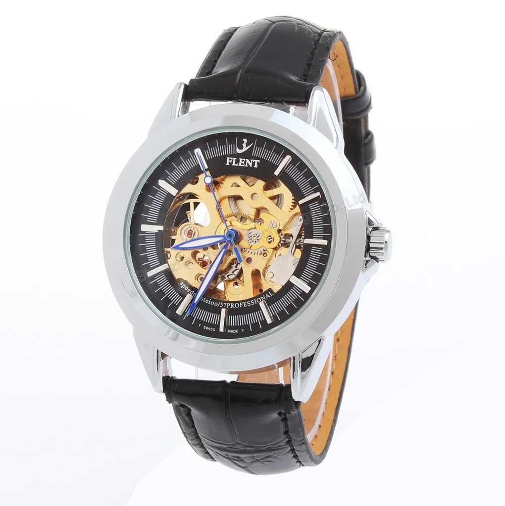 Otomatis Self-winding Skeleton Jam Tangan Tali Kulit Berongga Engraving Analog Wrist watch untuk Pria