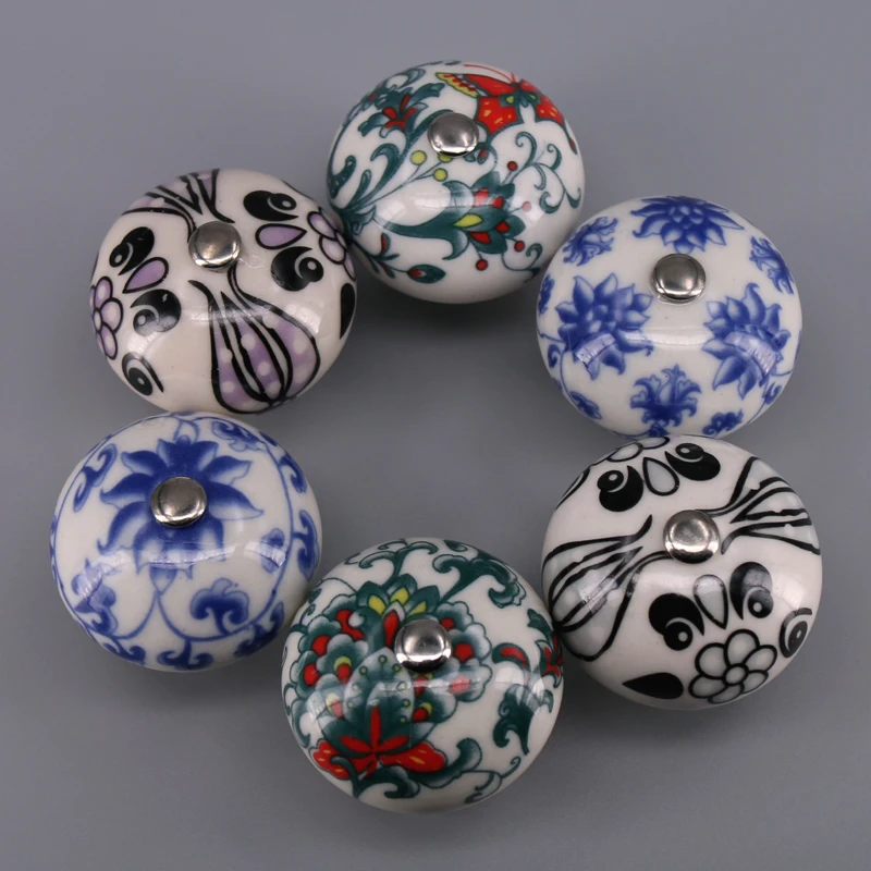 6PCS Dia 40mm Floral Kitchen Cabinet Handles Unique Cupboard Ceramic Knob For Furniture Kitchen Drawer Knobs Pulls