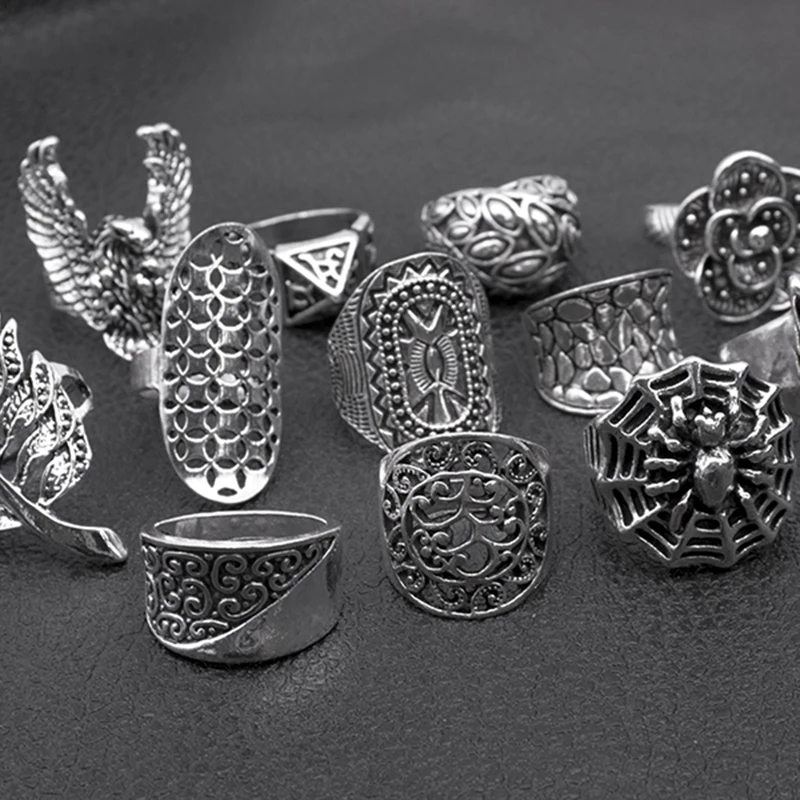 25pcs/lot Mixed Styles Bohemia Animal Rings for Women New Arrival Ancient Silver Plated Hollow Vintage Rings Party Gift