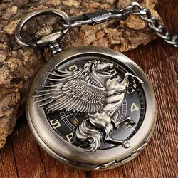 Reloj Retro Wing Horse Mechanical Pocket Watch Hand Winding Pendant Chain Fob Watch Vintage Necklace Hollow For Men Boys Gift