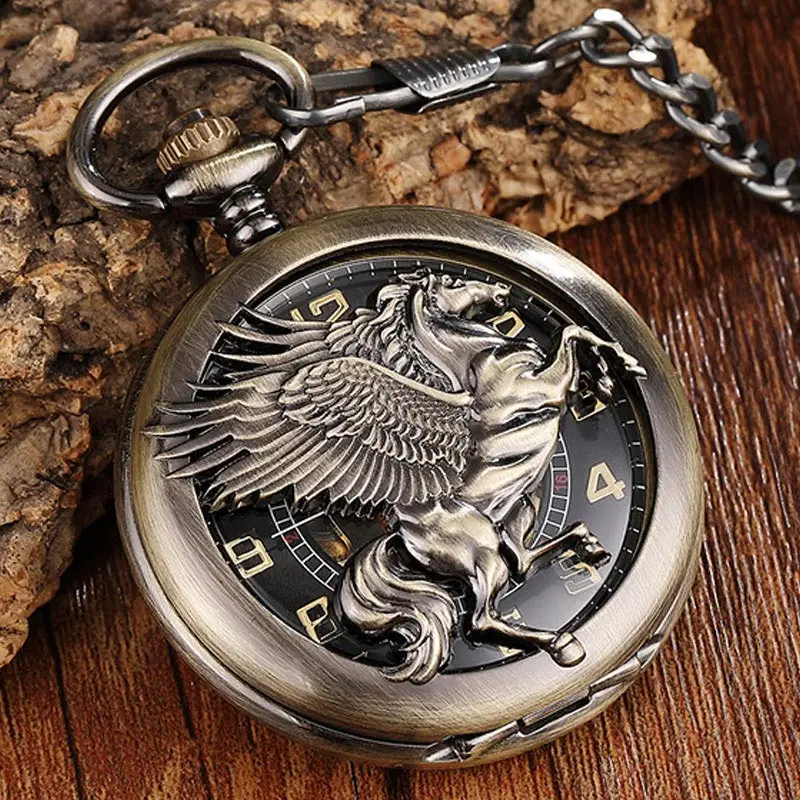 Reloj Retro Wing Horse Mechanical Pocket Watch Hand Winding Pendant Chain Fob Watch Vintage Necklace Hollow For Men Boys Gift