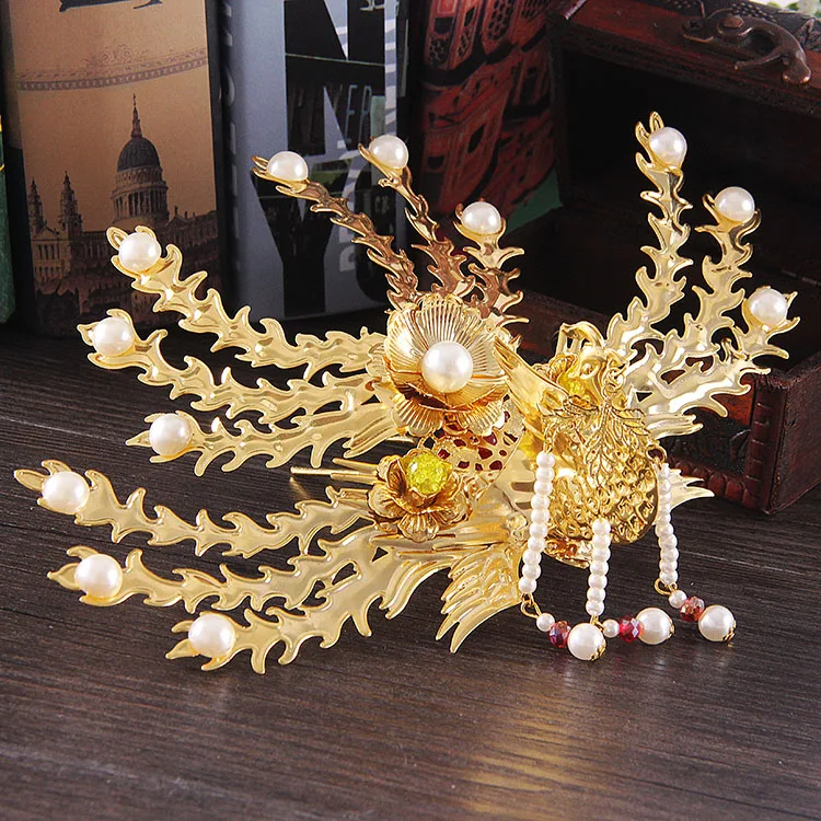 Traditional Chinese Wedding Hair Accessories Vintage White Pearl Phoenix Peacock Bridal  Combs Bride  Tiaras