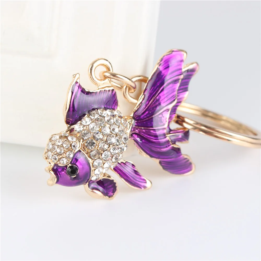 Lovely Purple Goldfish Fish Cute Crystal Charm Purse Handbag Car Key Keyring Keychain Party Wedding Birthday Gift