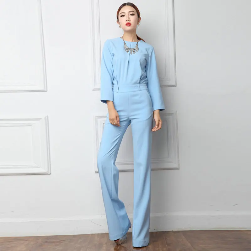 2018 Spring Office Lady Women One Piece Outfits Jumpsuits Long Sleeve Loose Wide Leg Pants Sexy Bule Yellow Rompers Playsuit