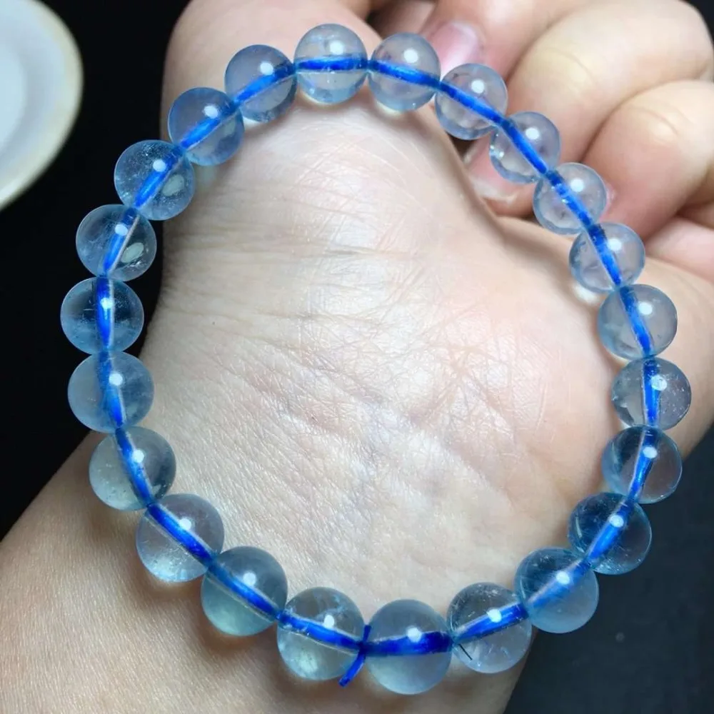 

Natural Blue Aquamarine Bracelet Jewelry For Woman Lady Man Healing Gift Crystal Round Beads Stone Gemstone Strands AAAAA 7-8mm