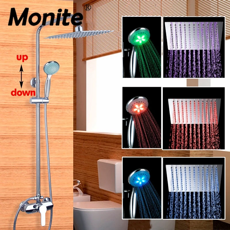 

Bathroom Shower Set Faucet with 8" Ultrathin showerhead ABS LED hand shower swivel bathtub tap adjust height