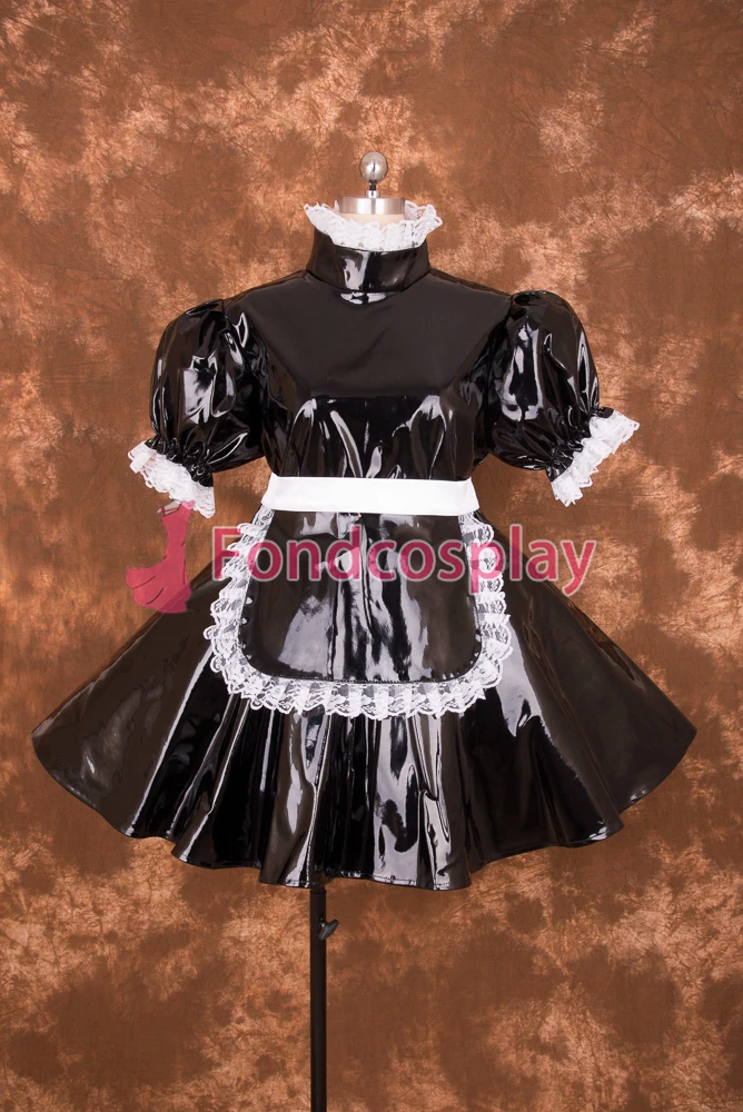 fondcosplay adult sexy cross dressing sissy maid short Lockable Black heavy PVC Dress apron Costume Uniform[P002]