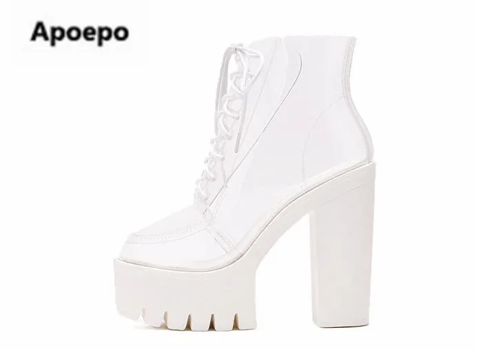 

Newest brand boots women white black Transparent extreme high heels ankle boots women round toe lace up platform shoes women