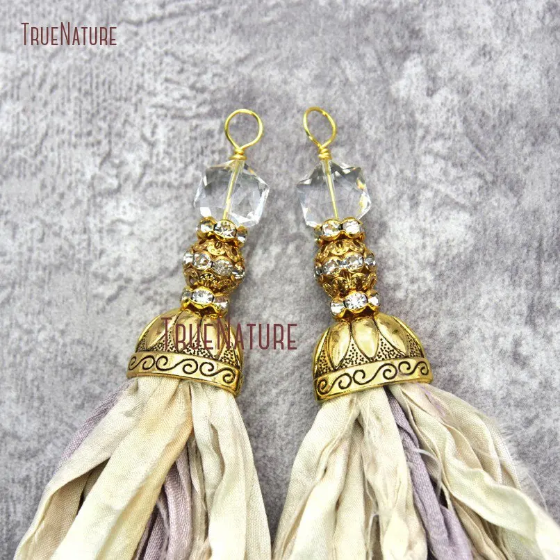 10pcs Ivory Sari Silk Tassel With Crystal and Gold Color Rhinestone Ball Yarn Ribbon Pendant PM20058