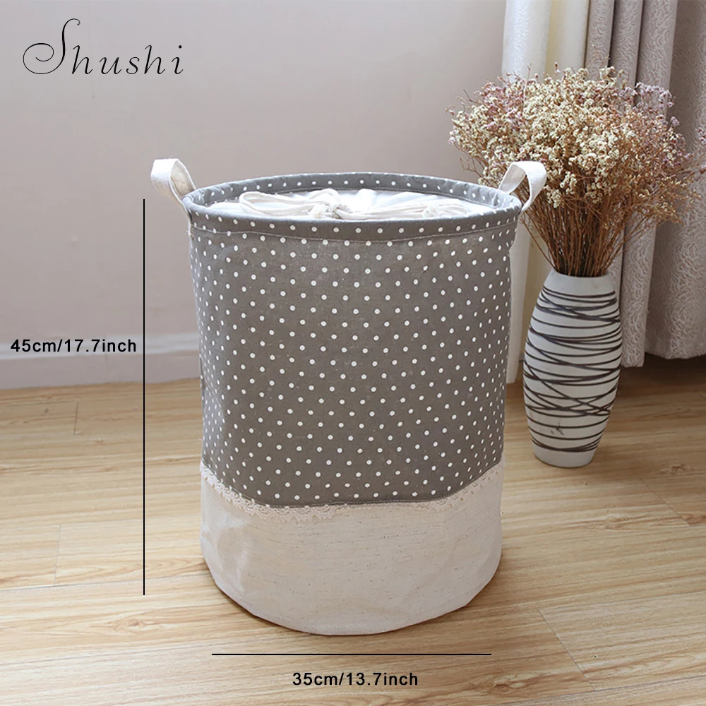 Shushi Cotton Linen Waterproof Foldable Pink Laundry Basket for Dirty Clothes Toys Girl Organizer Storage Bucket Home Storage