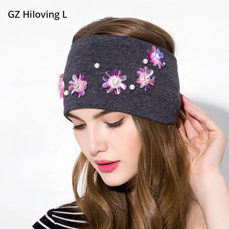 

GZHILOVINGL Wide Elastic Headbands For Women Soft Flower Cotton Turban Solid Headband Rhinestone Pearl Hair Band Accessories