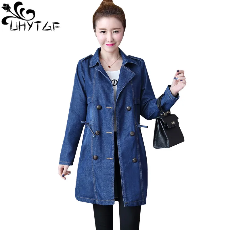 

UHYTGF Casual Autumn Winter Jeans Jacket Women Double-Breasted 3XL Loose Size Denim Coat Medium Length Windbreaker Outerwear 195