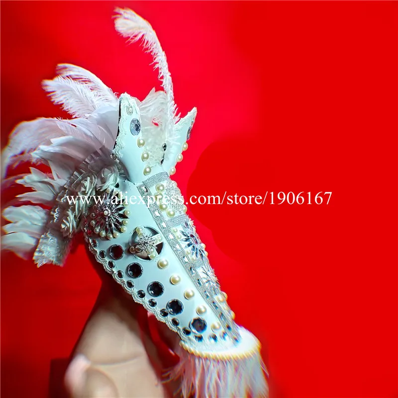 

Nightclub Stage Performance Masquerade Mask Headwear Party Event Horse Head Headdress Halloween Christmas Pearl Feather Headgear