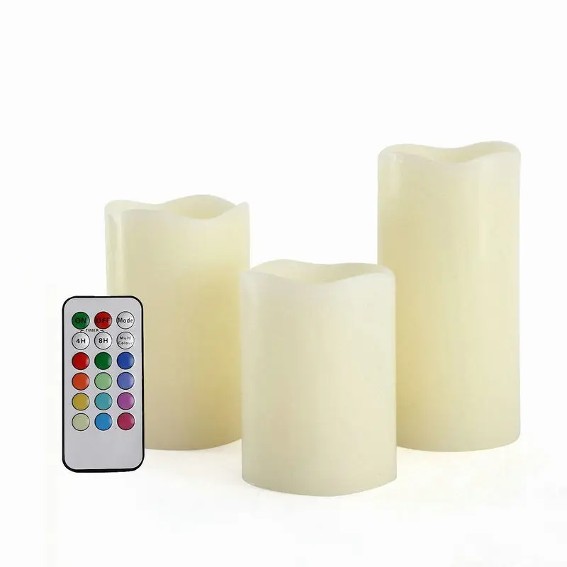 Pack of 3 Melted Edge Remote controlled Flameless Paraffin Wax Candle 4H/8H Timer function F/Home bar Wedding party-Multicolor