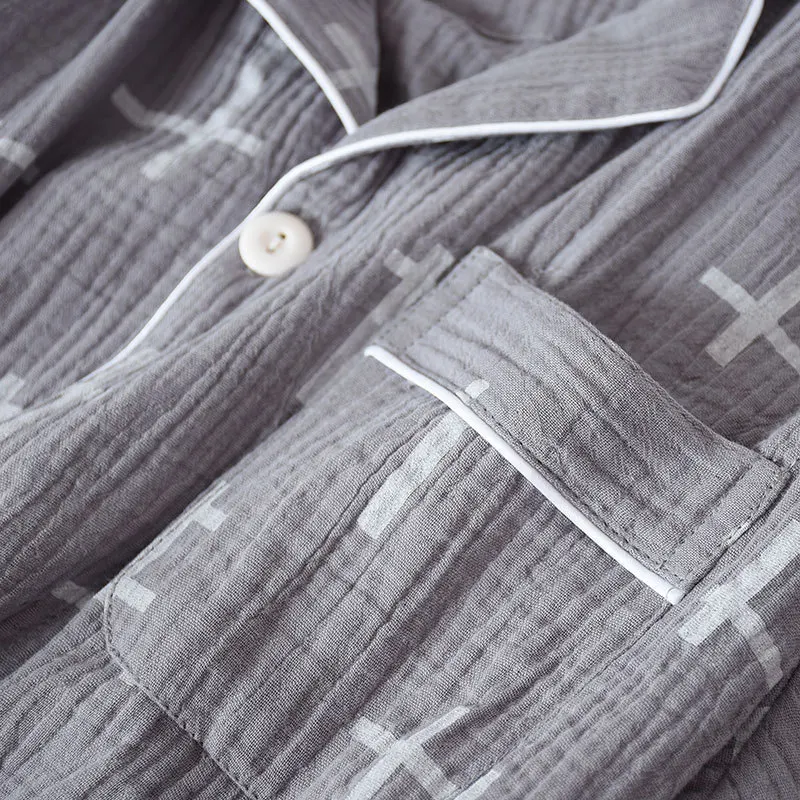 Pijama de 100% para hombre, ropa de dormir de algodón de manga corta, ropa de verano arrugada, suelta y de ocio, de talla grande
