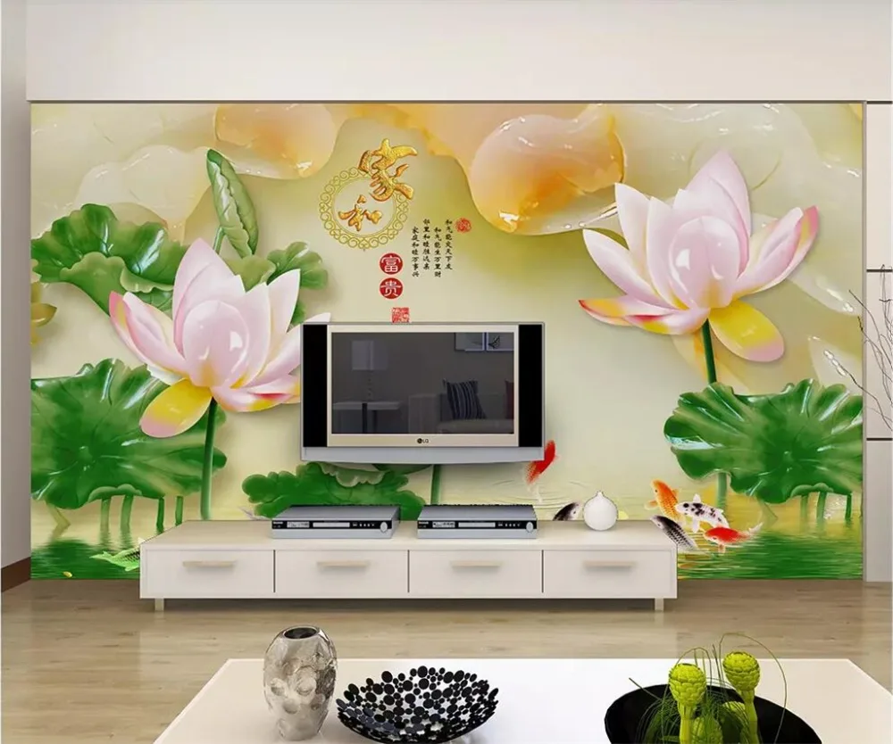 beibehang papel de parede Custom wallpaper 3d new Chinese jade carving statue and rich nine fish Peony TV background wall paper