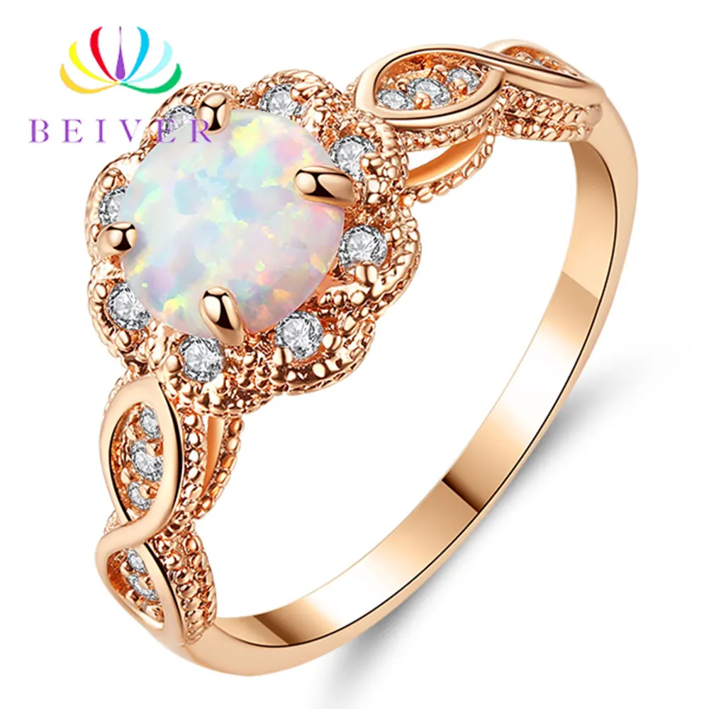 Beiver Fashion Rose Gold Color Fire Opal Rings for Women Wedding Bands Promise Ring Party Jewelry