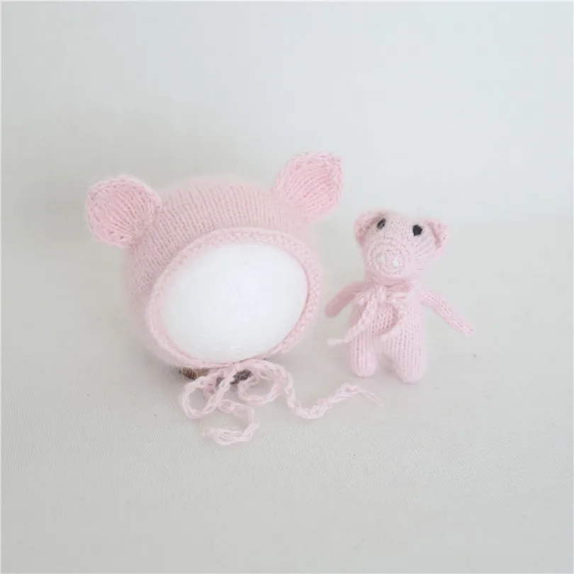 

Pastel Pink Knitted Pig toy Knit Fluff Animal Toy Angora Baby Hat Crochet Stuffed Piggy Miniature Pigglet Doll Newborn Bonnet