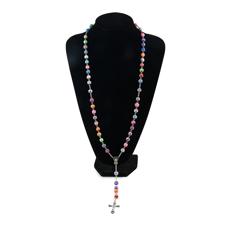 8mm Colorful Polymer Clay Bead Rosary Pendant Necklace Alloy Cross Virgin Mary Centrepieces Christian Catholic Religious Jewelry