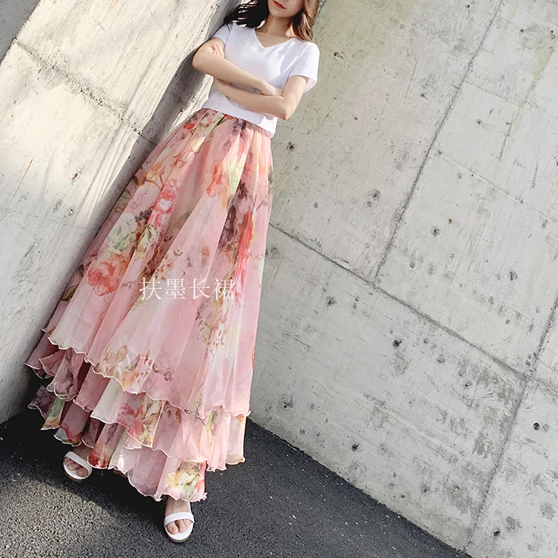 Bohemia Fashion Sweet Cute Holiday Pink Floral Chiffon Long Maxi Female Skirt Summer Designs Plus Size Faldas Largas Elegantes