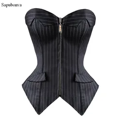 Sapubonva Sexy Black Striped Overbust Corset Office Lady Corselet Sexy Women Zip Corset Bustier Strapless Tops Costume Fashion