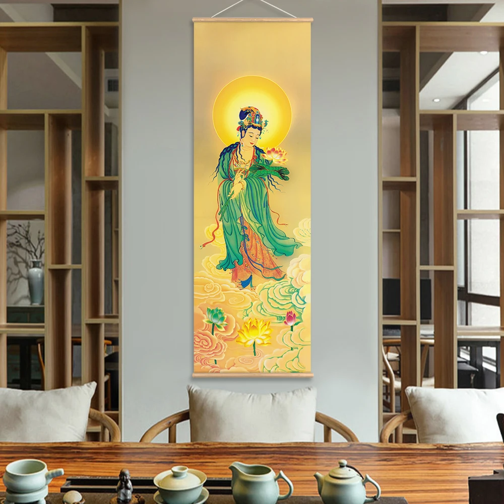 Wall Art Avalokitesvara Bodhisattva Thangka Buddhism Scroll Painting with wooden hanger Realistic Art Canvas Painting