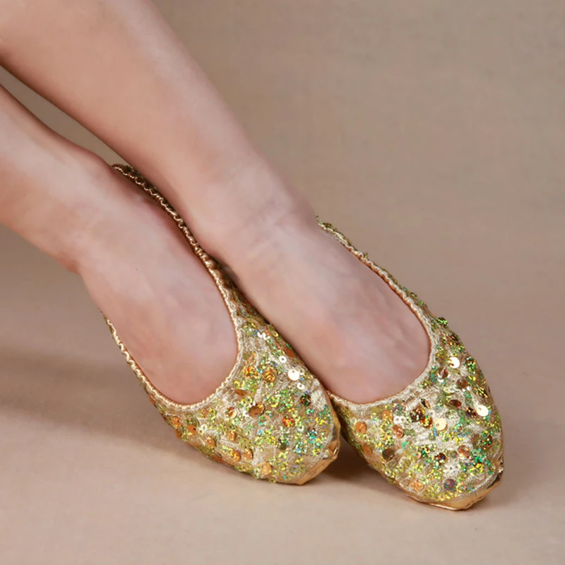 Wholesale Belly Dance Practice Silver/Gold Flats Soft Leather Pointe Gymnastics Foldable Ballet Flat Sequins