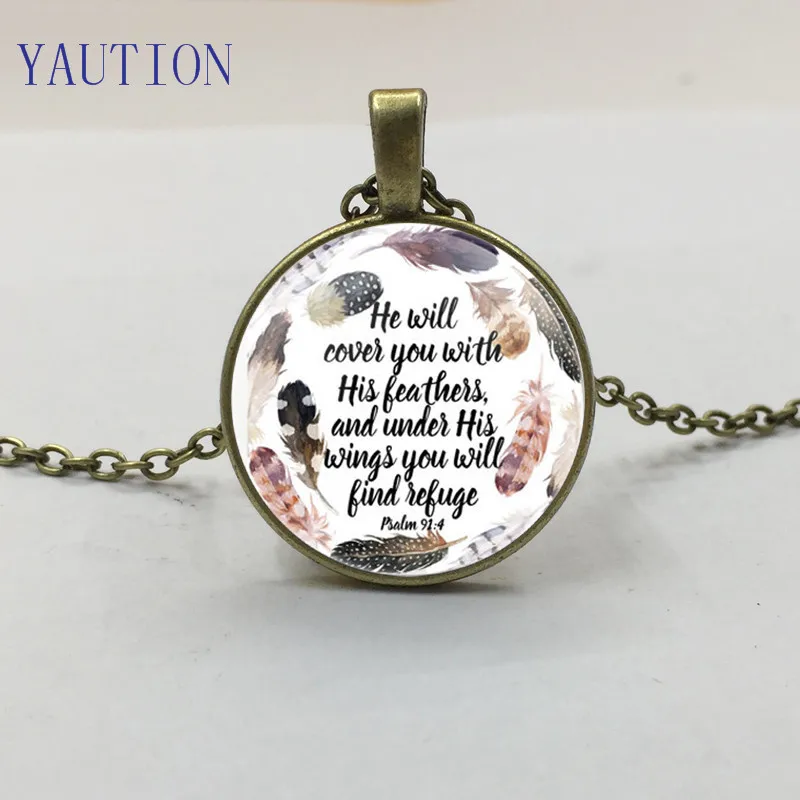 He will cover you will His feathers and under His wings you will find refuge Psalm 91 4 Necklace Bible Verse Jewelry Gift