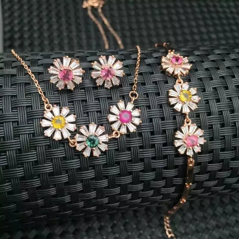 charming colorful flower gemstone earrings  bracelet and necklace jewelry set for women  natural tourmaline real 925 silver