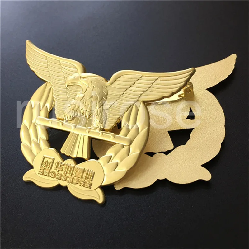 Personalized hollow eagle wings metal badge custom, OEM gold eagle, the back with pins, electroplated matte gold