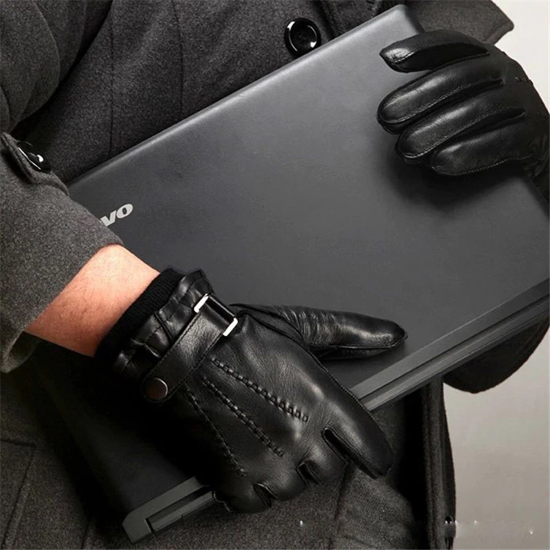 Fashion Solid Black Men Sheepskin Gloves Winther Button Wrist Male Genuine Leather  Warm Driving Glove Free Shipping M016WZ-5