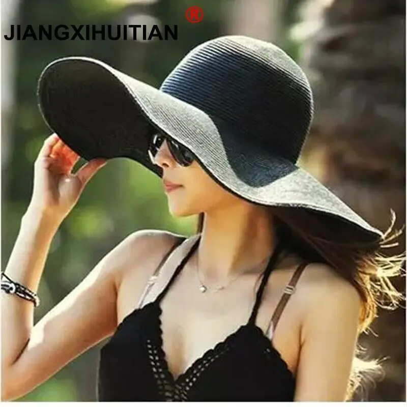 

2017 Summer Fashion Floppy Straw Hats Casual Vacation Travel Wide Brimmed Sun Hats Foldable Beach Hats For Women With Big Heads