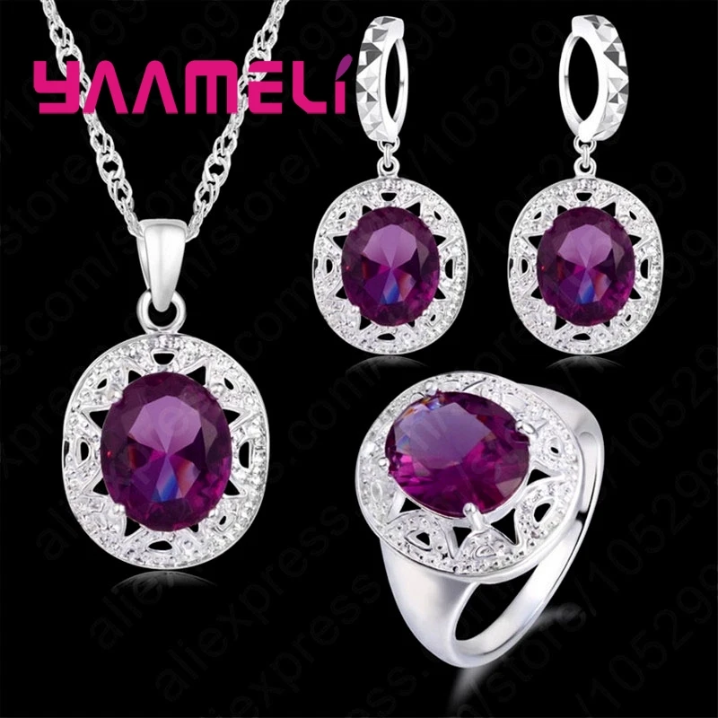 High-End Party Accessories For Women Classic Purple Cubic Zircon 925 Sterling Silver Color Jewelry Sets For Wedding Decoration