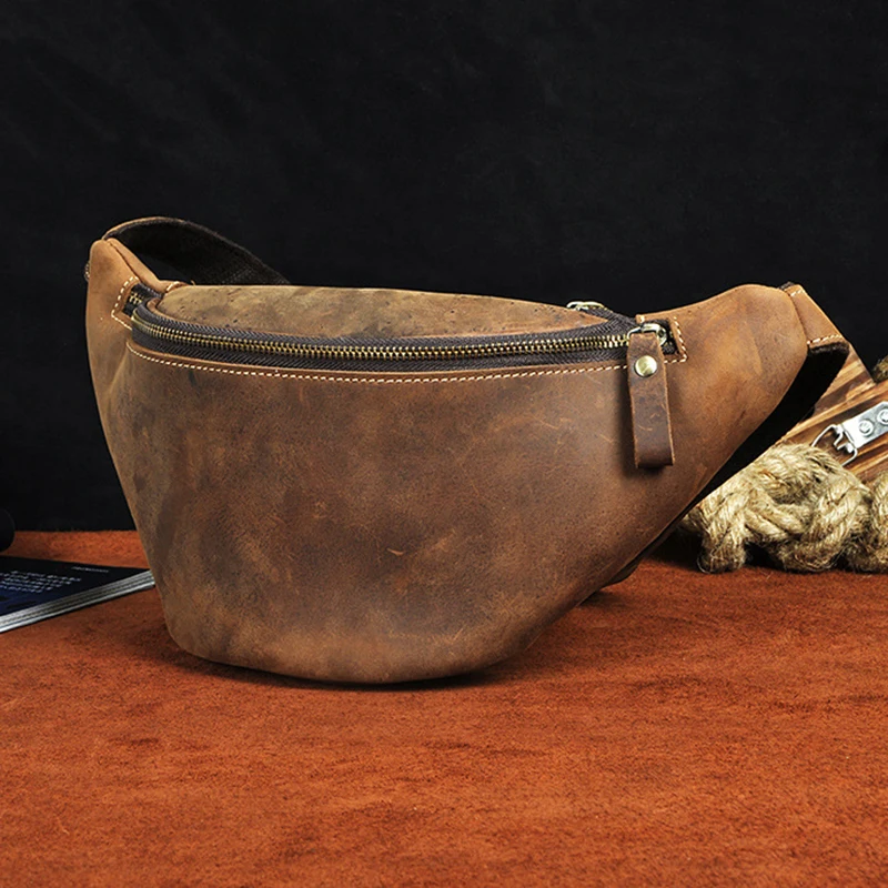 Crazy Horse-riñonera de cuero genuino para hombre, bolso de pecho, cruzado, de piel de vaca, 7"