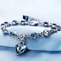 Pulseira Sorte Cor Prata Para Mulheres, Charme Coração De Cristal Azul, Noivado De Casamento De Noiva, Presente De Jóias Finas